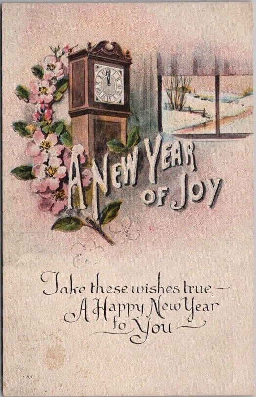 Vintage 1910s HAPPY NEW YEAR Postcard Grandfather Clock / Winter Window Scene