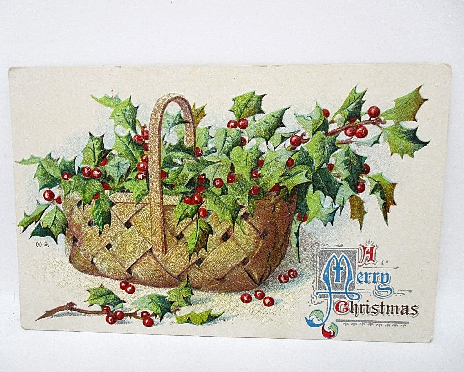 Vintage Postcard Unused Christmas Holly Berries Metallic Silver Embossed Antique
