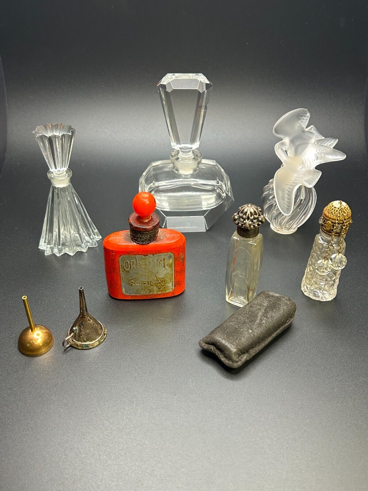 Vintage Perfume Bottles, circa. 1920's-1930's, 6 Bottles and 2 Funnels
