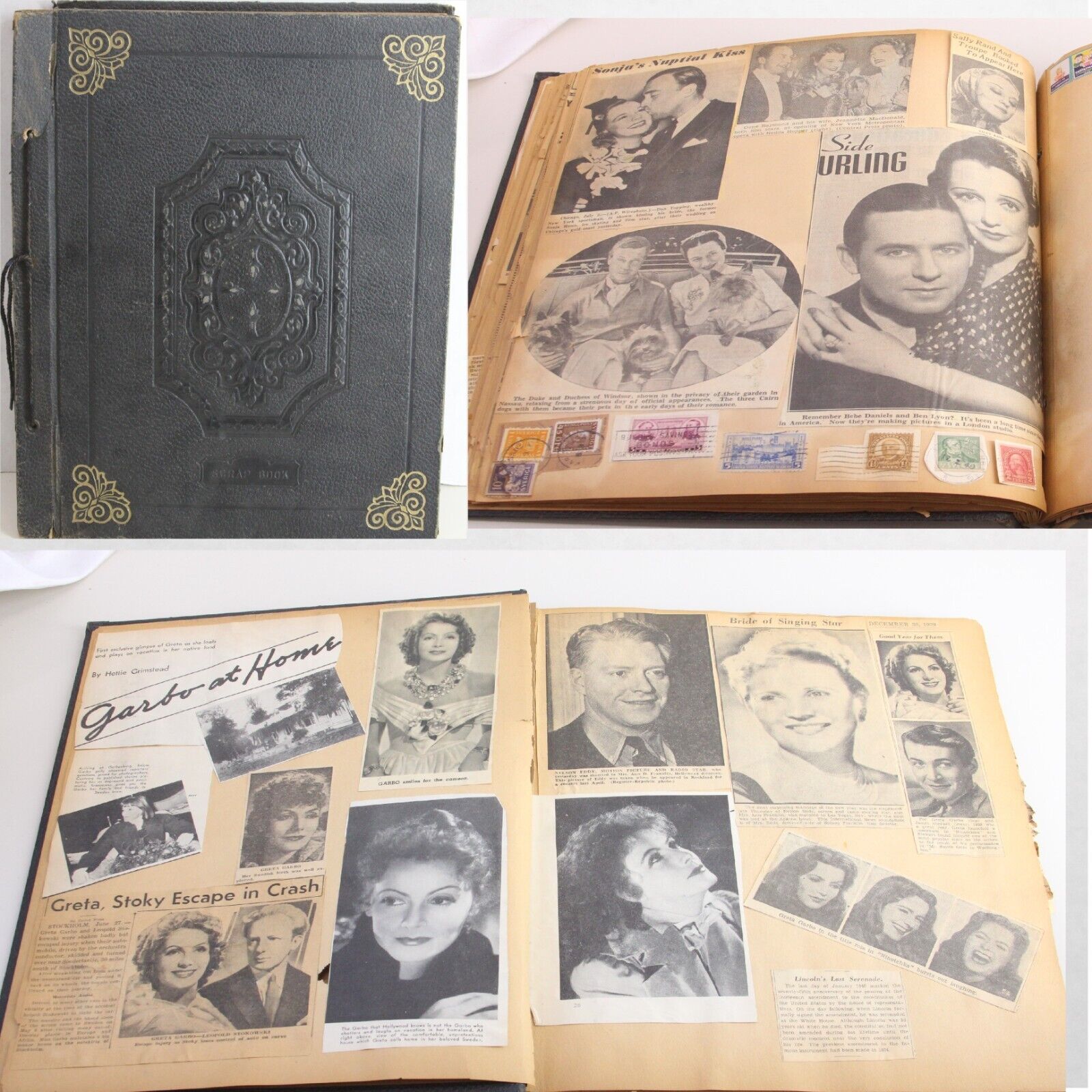 Scrap Book 1930\'s - 1940\'s Greta Garbo Photo Newspaper Clipping Events Stamps
