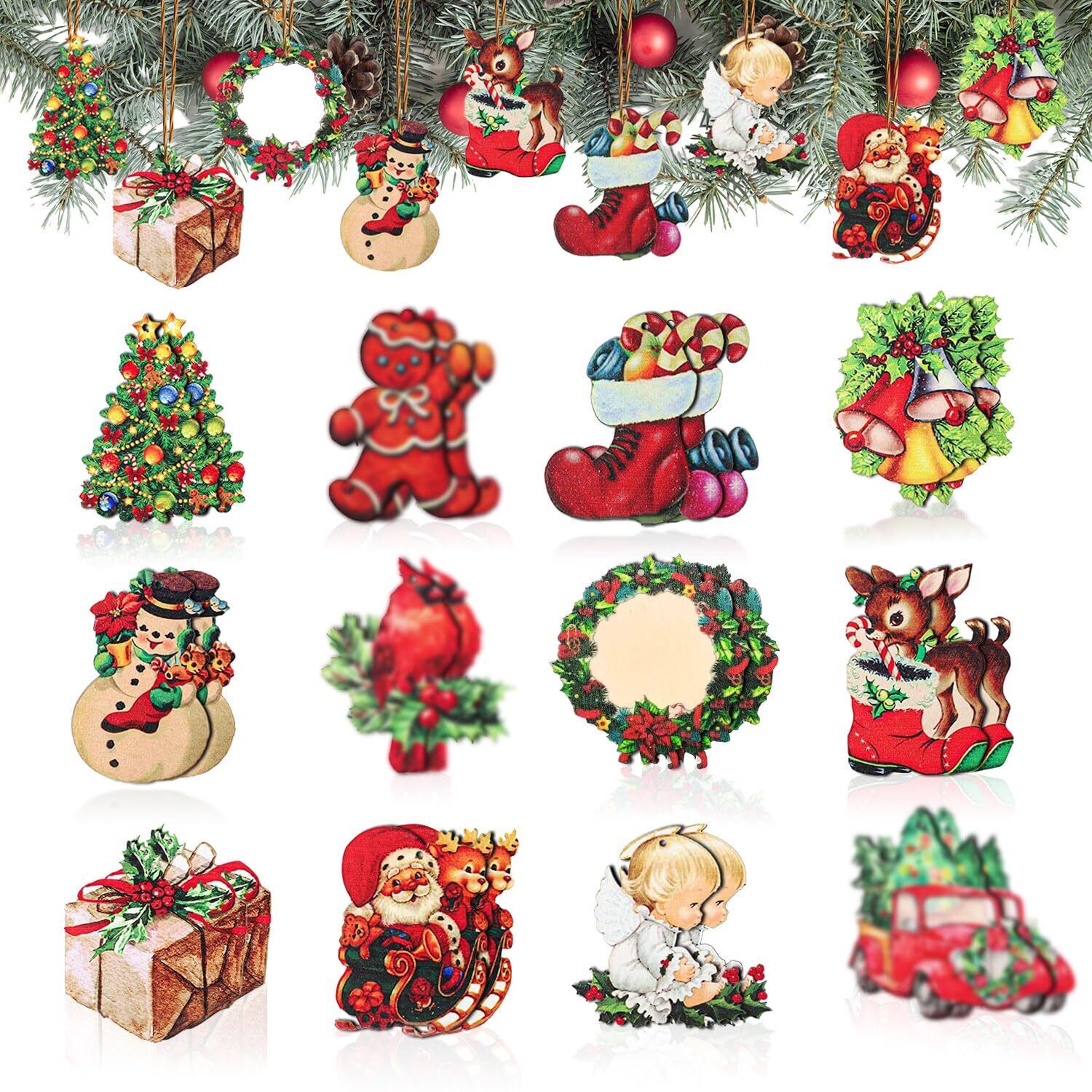 24 Pcs Vintage Christmas Wood Ornaments,Vintage Christmas Decorations Include...