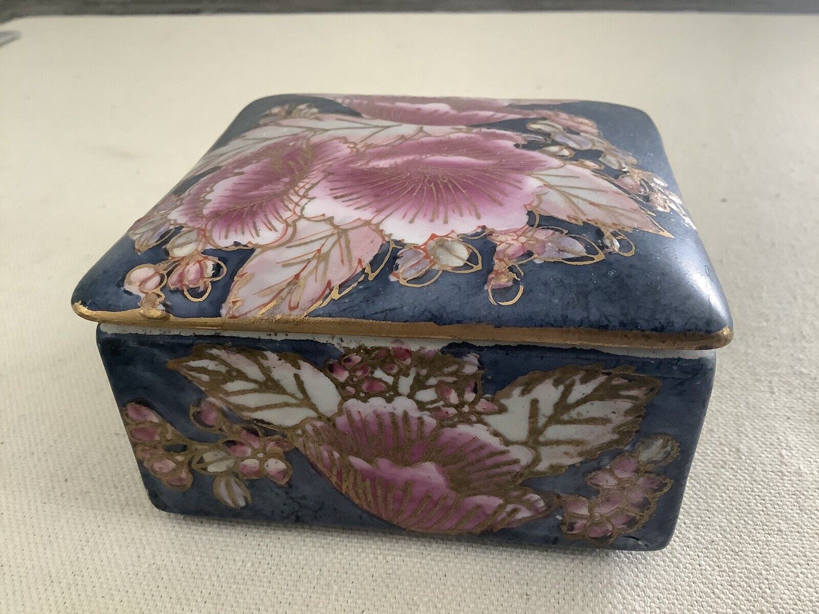 Vintage Trinket Dish Ceramic Square Blue Gold Pink Flowers Vanity dish Ring box