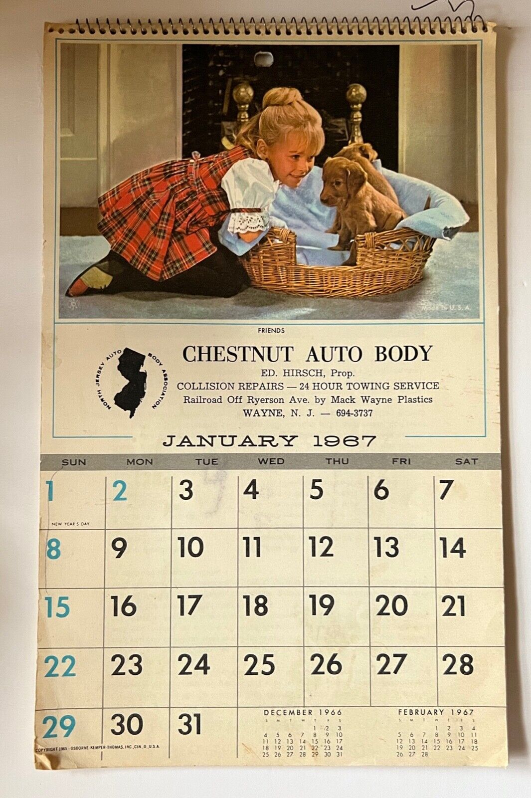 Chestnut Auto Body Advertising Calendar 1967 Wayne NJ
