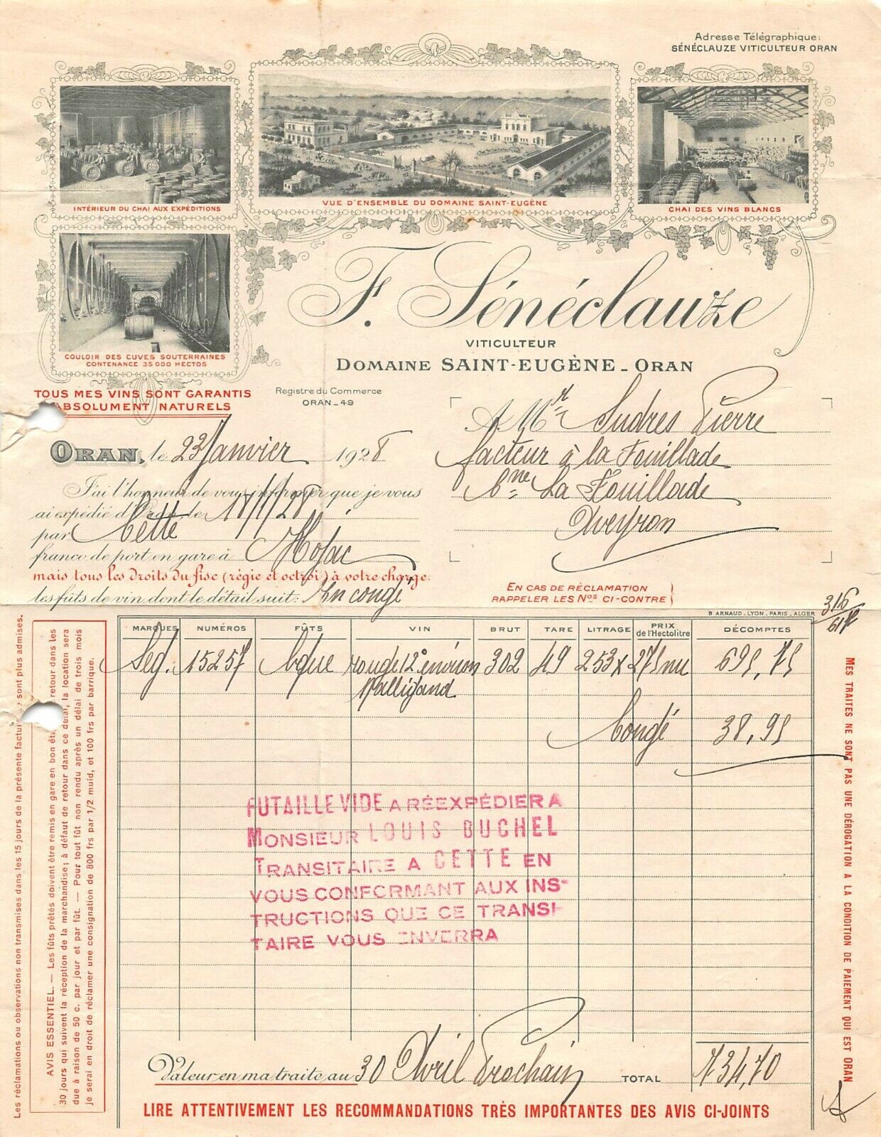 Antique Invoice Wine - Domaine Saint-Eugène - F Séméclauze IN Oran 1928