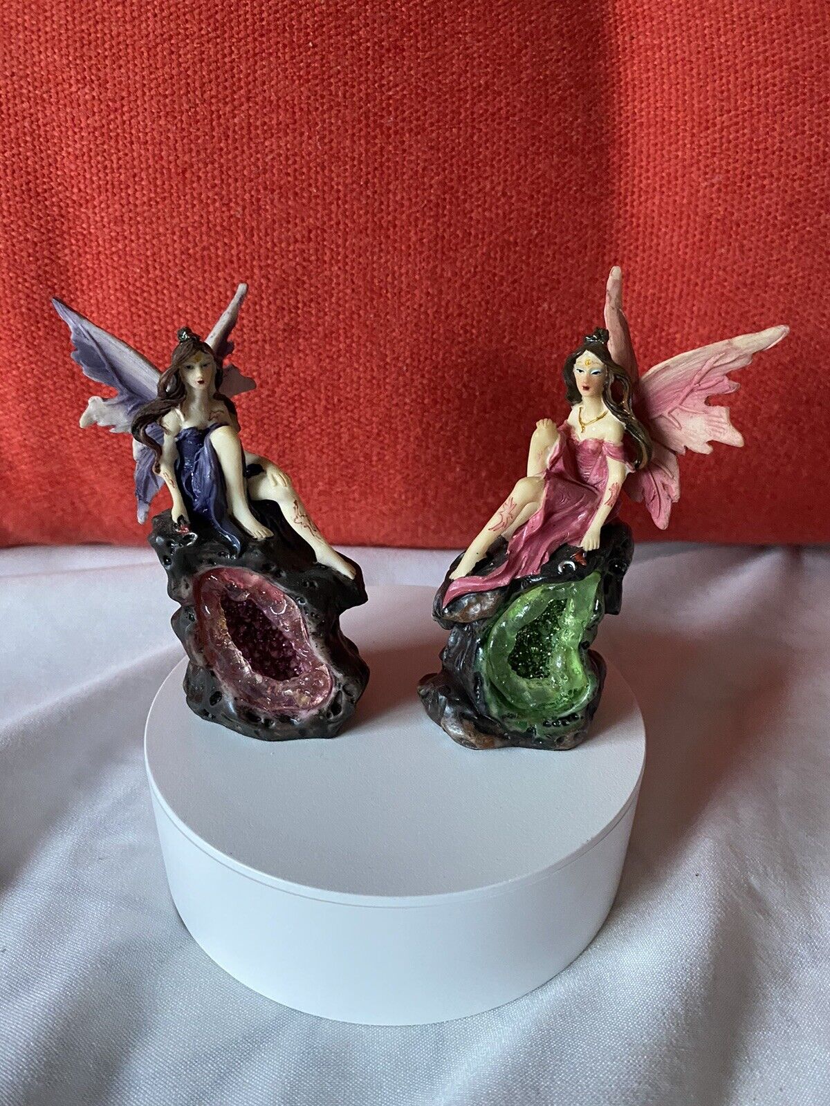 Lot of  2: Resin Pink Winged &Purple Winged Fairy Figures Each Sit on Geode. VGC