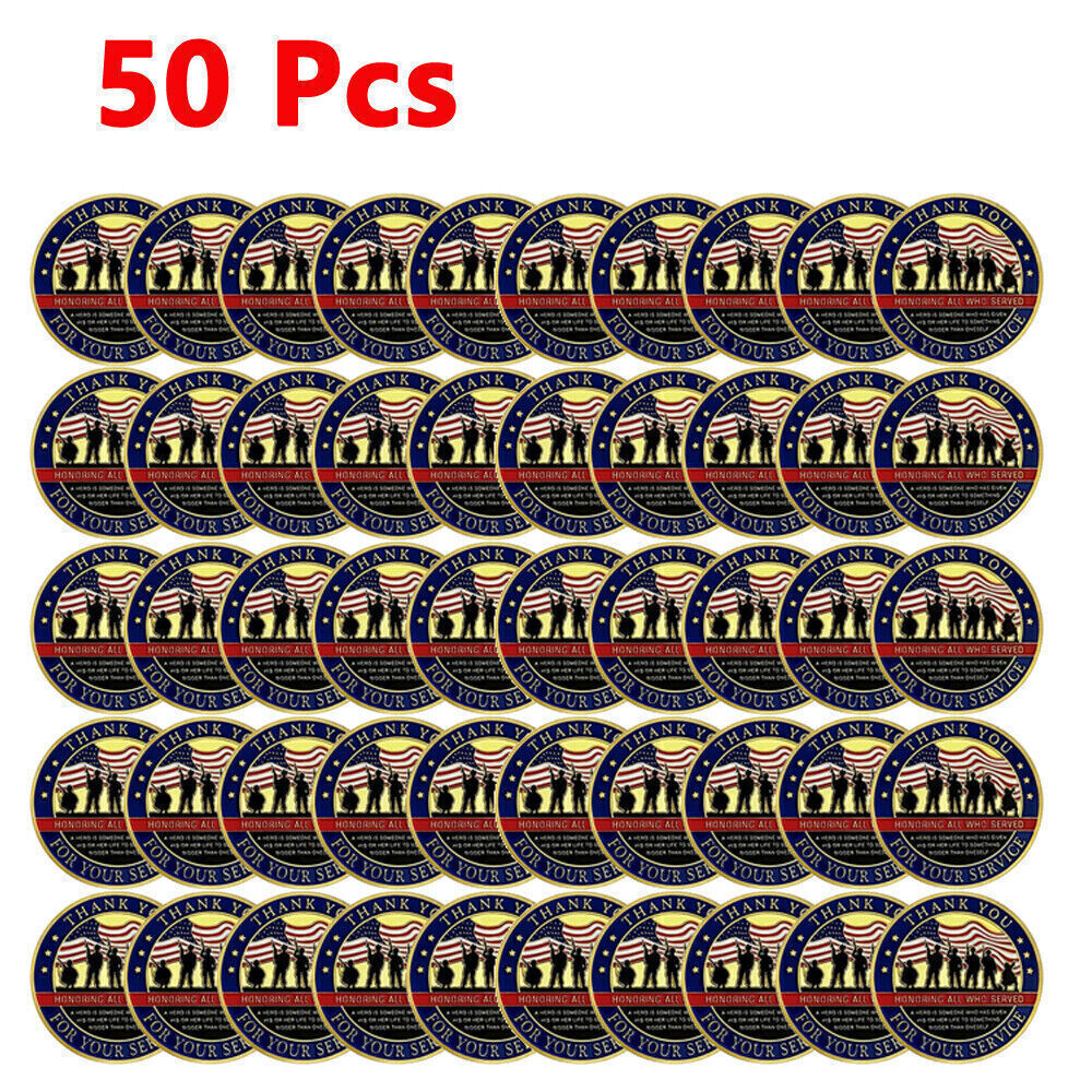 50Pcs Thank You for Your Service Military Appreciation Challenge Coin Gold Gifts