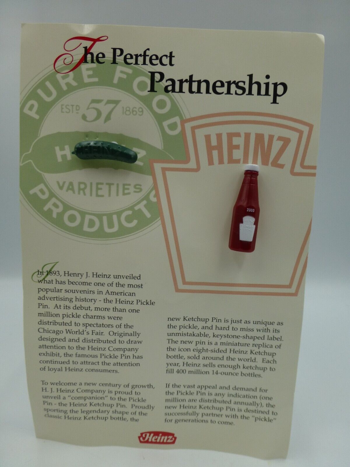 Authentic Heinz Advertising Plastic Pickle & Ketchup Bottle Pins, 2000, on Sheet