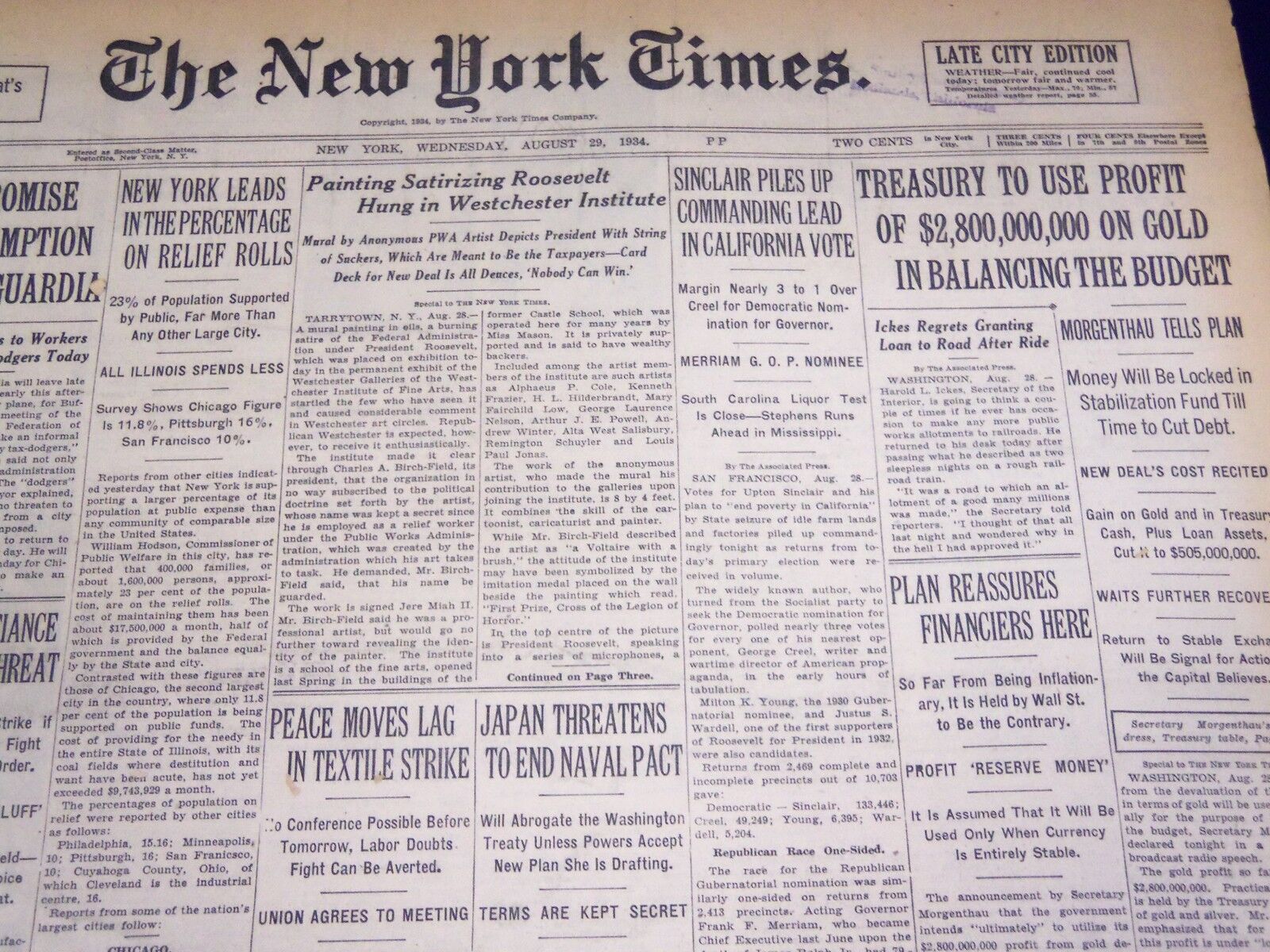 1934 AUGUST 29 NEW YORK TIMES - UPTON SINCLAIR LEADS IN VOTING - NT 3981