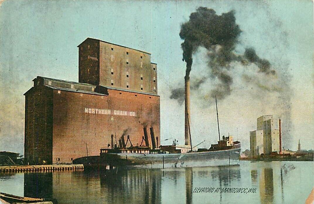 Postcard Northern Grain Co Elevators at Manitowoc, Wisconsin - used in 1908