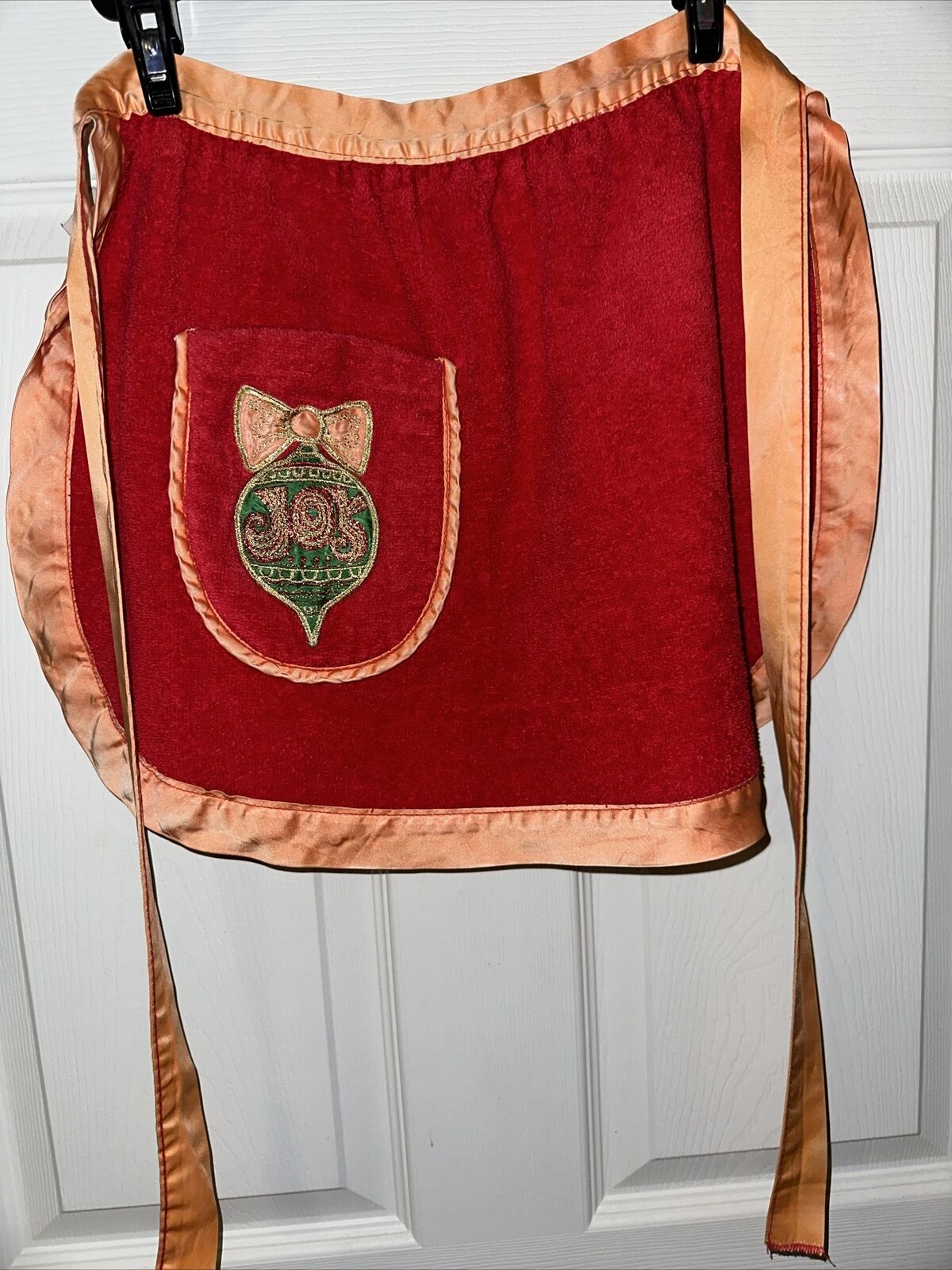 Vintage Royal Terry Cloth Towel Half Apron Pocket Red Orange Christmas Satin Tie