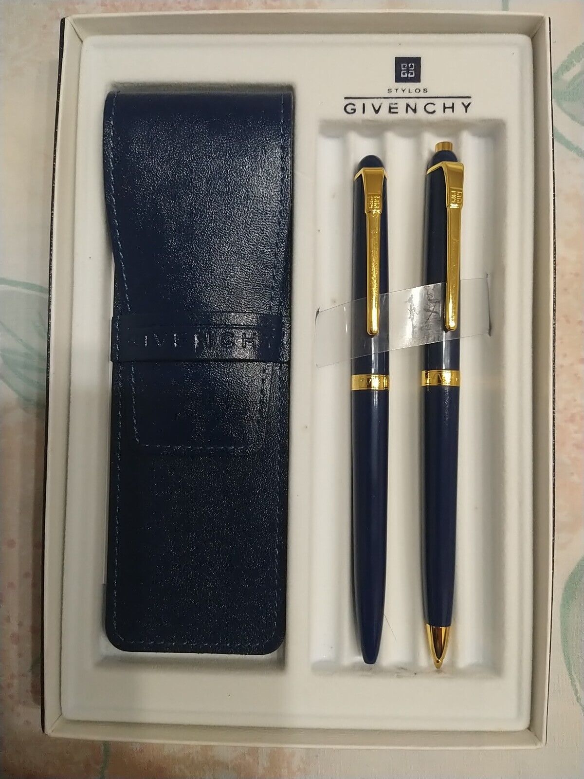 Givenchy Stylos Ball point Pen &0.5mm Pencil Blue Metal Laque  Gold Trim Set