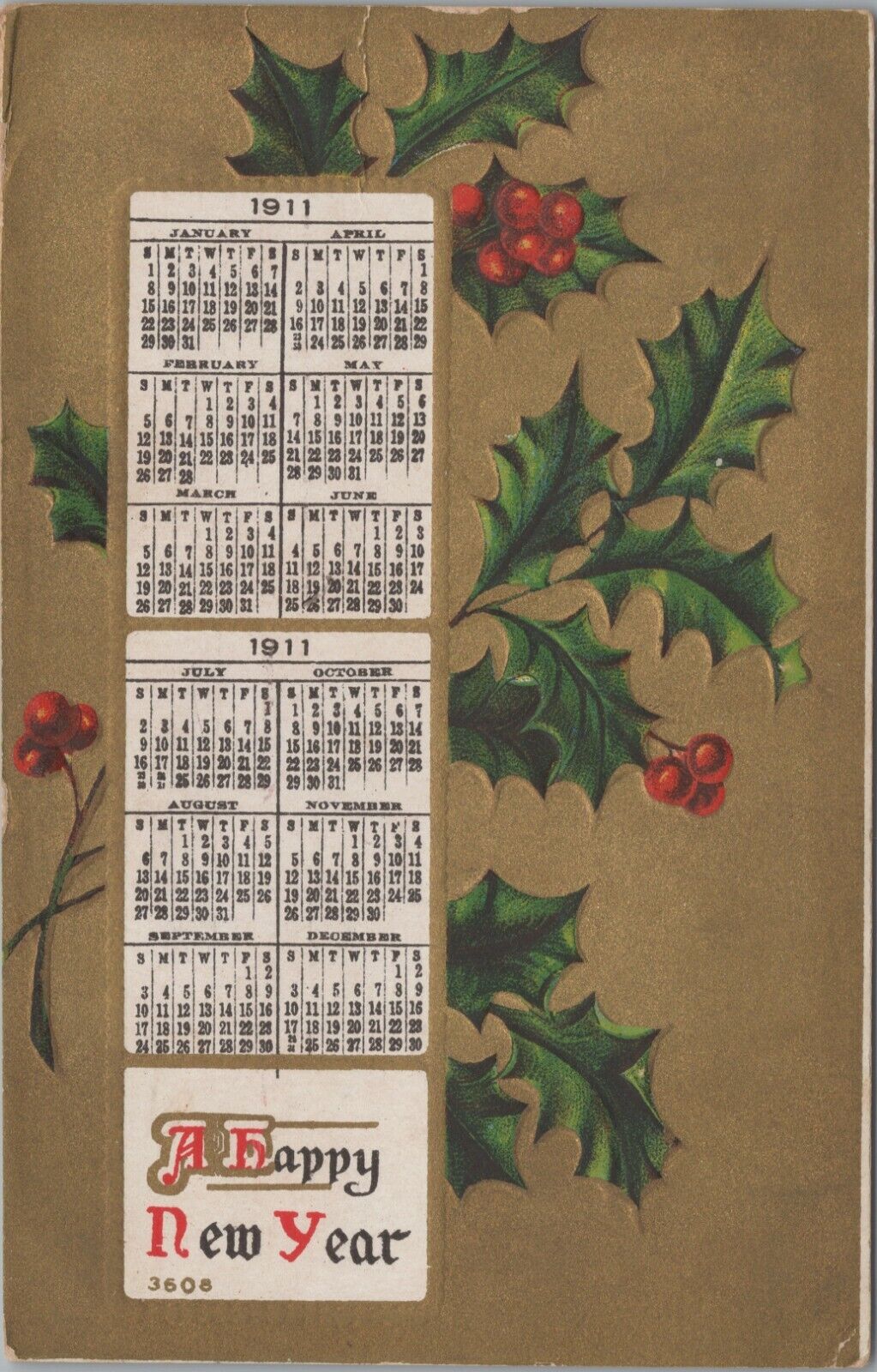 1911 Winsch back Happy New Year calendar holly gold gilt postcard C847