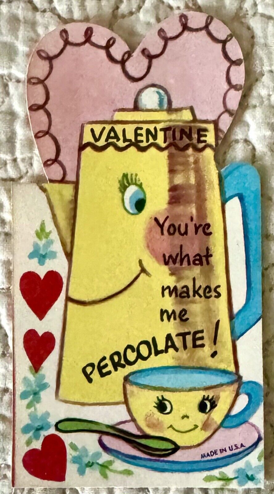 Vintage Valentine Percolator Coffee Anthropomorphic Greeting Card 1950s 1960s