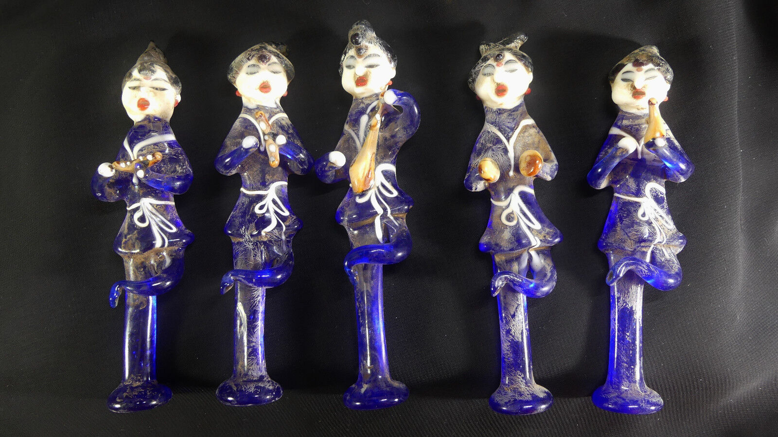 X-RARE Set of 5 Chinese Buddhist Translucent Blue Glass Musicians