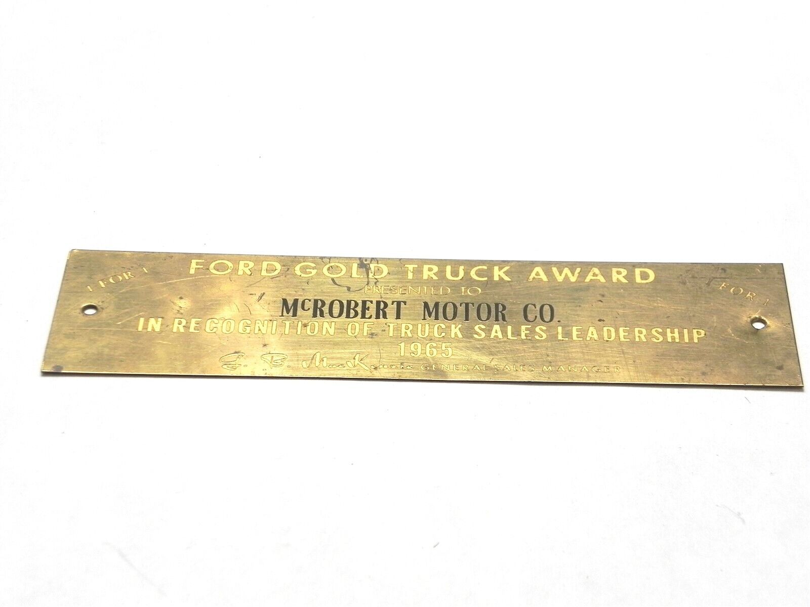VINTAGE 1965 FORD GOLD TRUCK AWARD MCROBERT MOTOR CO. PLAQUE PLATE PRE-OWNED 