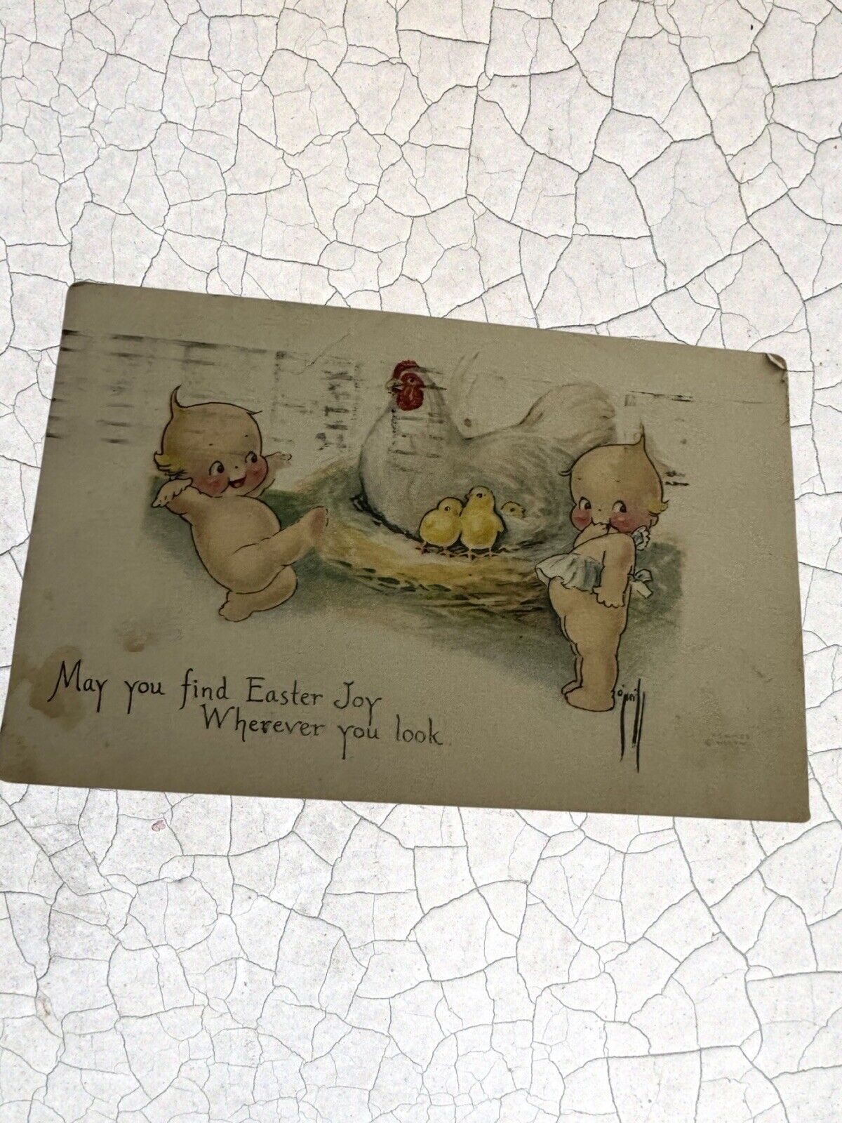 1925/Kewpie Postcard Easter Joy Chicken & Peeps Antique Postcard