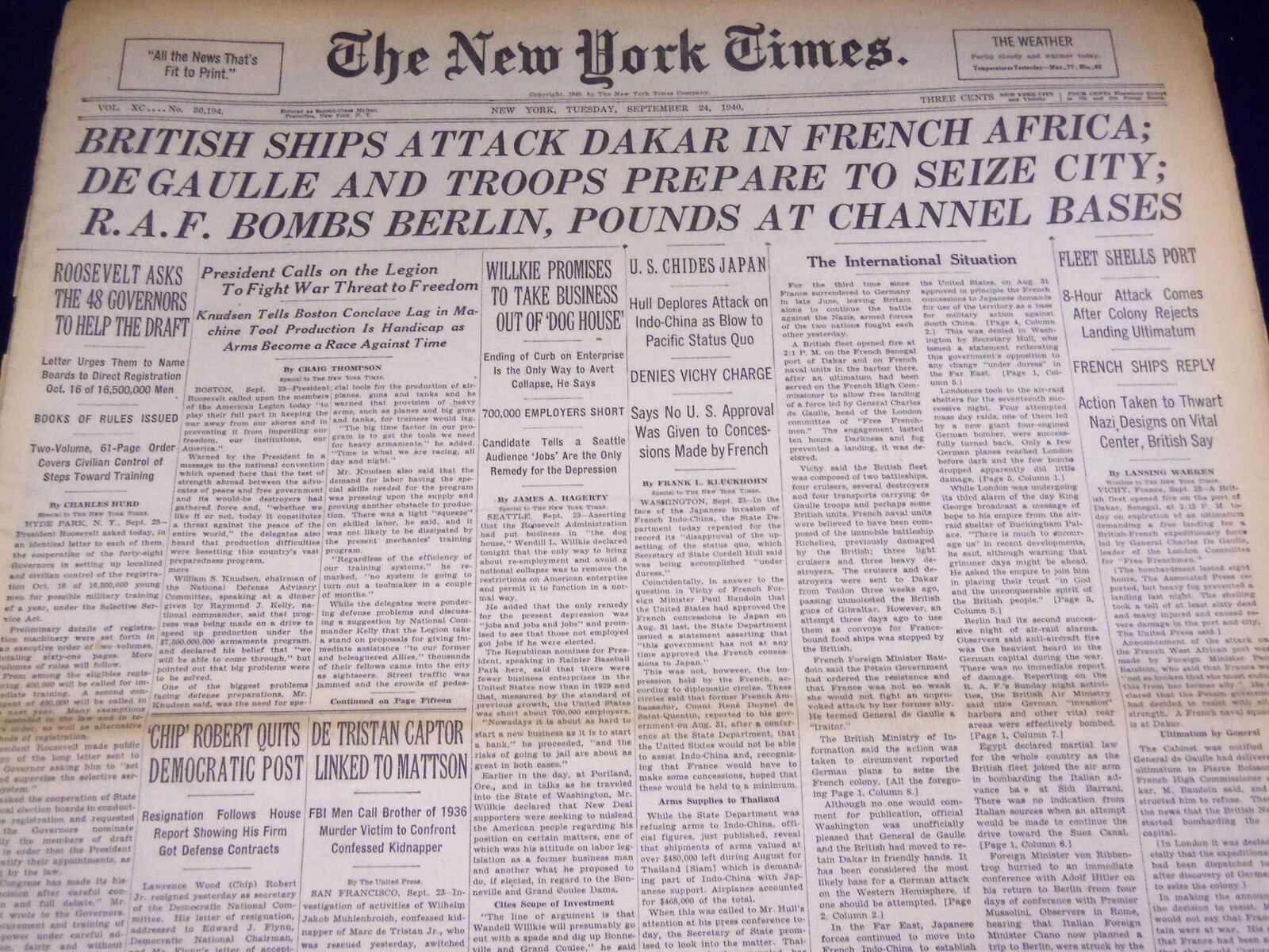 1940 SEPTEMBER 24 NEW YORK TIMES - BRITISH SHIPS ATTACK DAKAR - NT 2937