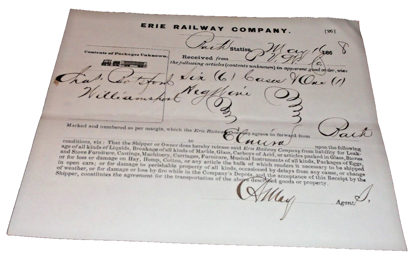 MAY 1868 ERIE RAILWAY BATH, NEW YORK FREIGHT RECEIPT A