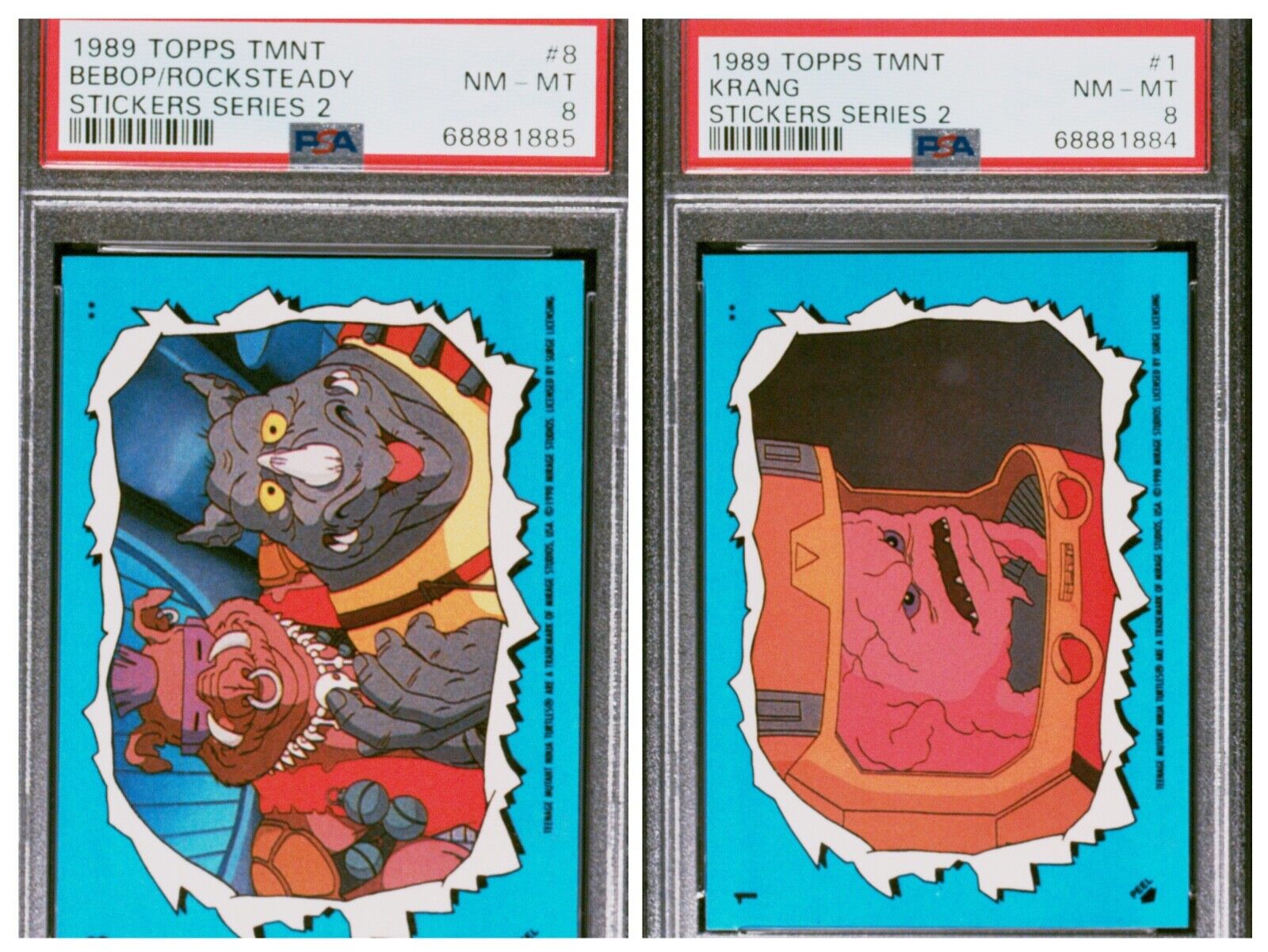 (2) 1989 Topps Teenage Mutant Ninja Turtles Stickers Krang Bebop Rocksteady PSA