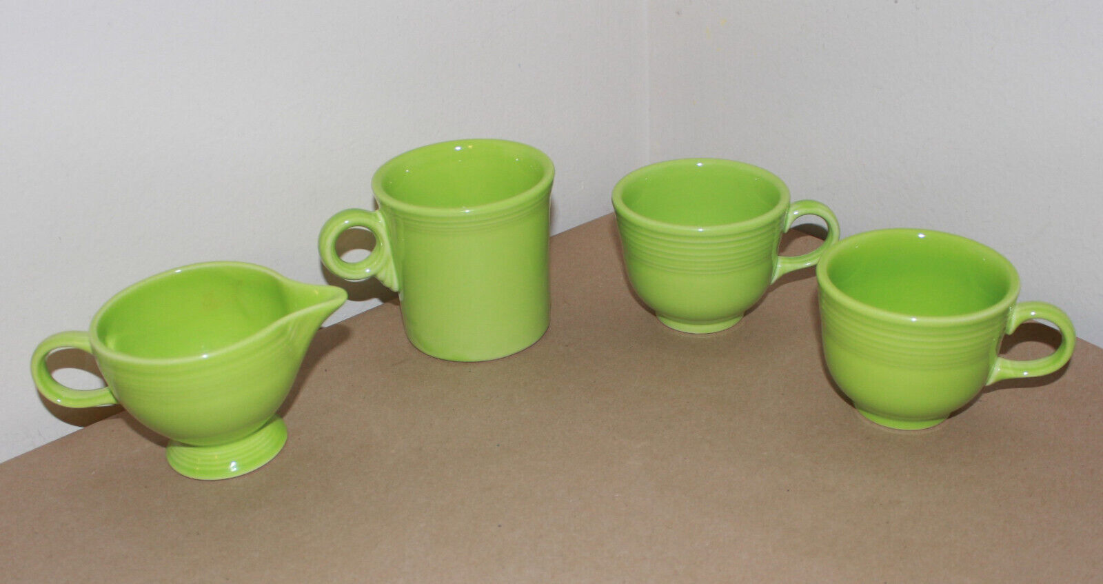 4 Fiestaware Chartreuse Green Individual Creamer, Coffee Mug & 2 Teacups USA