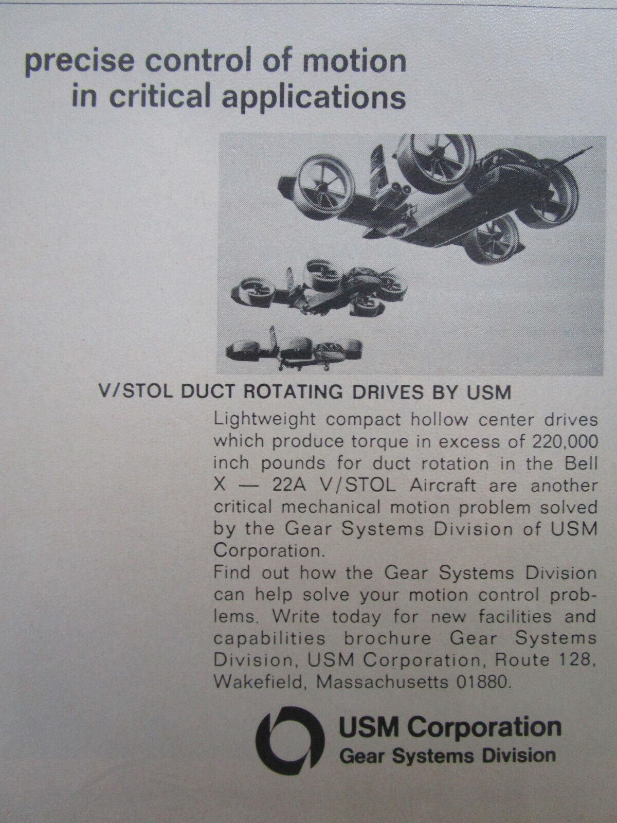 5/1972 PUB USM GEAR SYSTEMS V/STOL DUCT ROTATING DRIVES BELL X-22A ORIGINAL AD