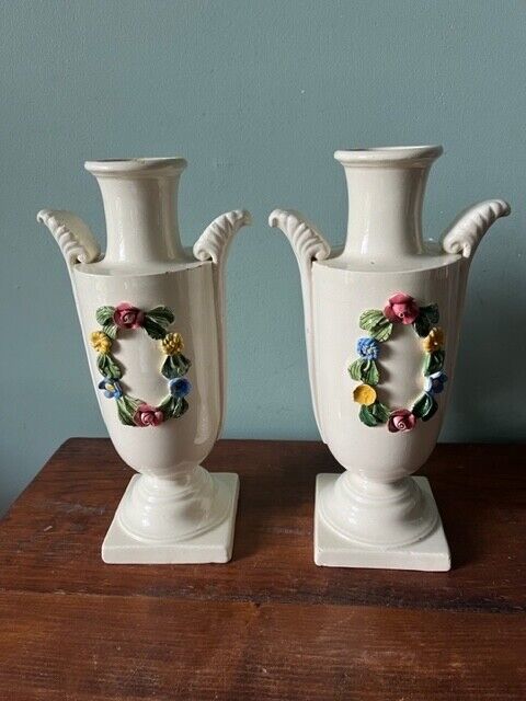 ~ Vintage Nove Italy Pair of Urn Vases Capidimonte Flowers ~