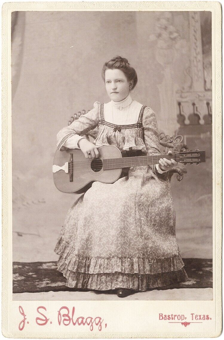 c. 1890 Woman Playing Acoustic Guitar Cabinet Card Photo ~ Blagg, Bastrop, Texas