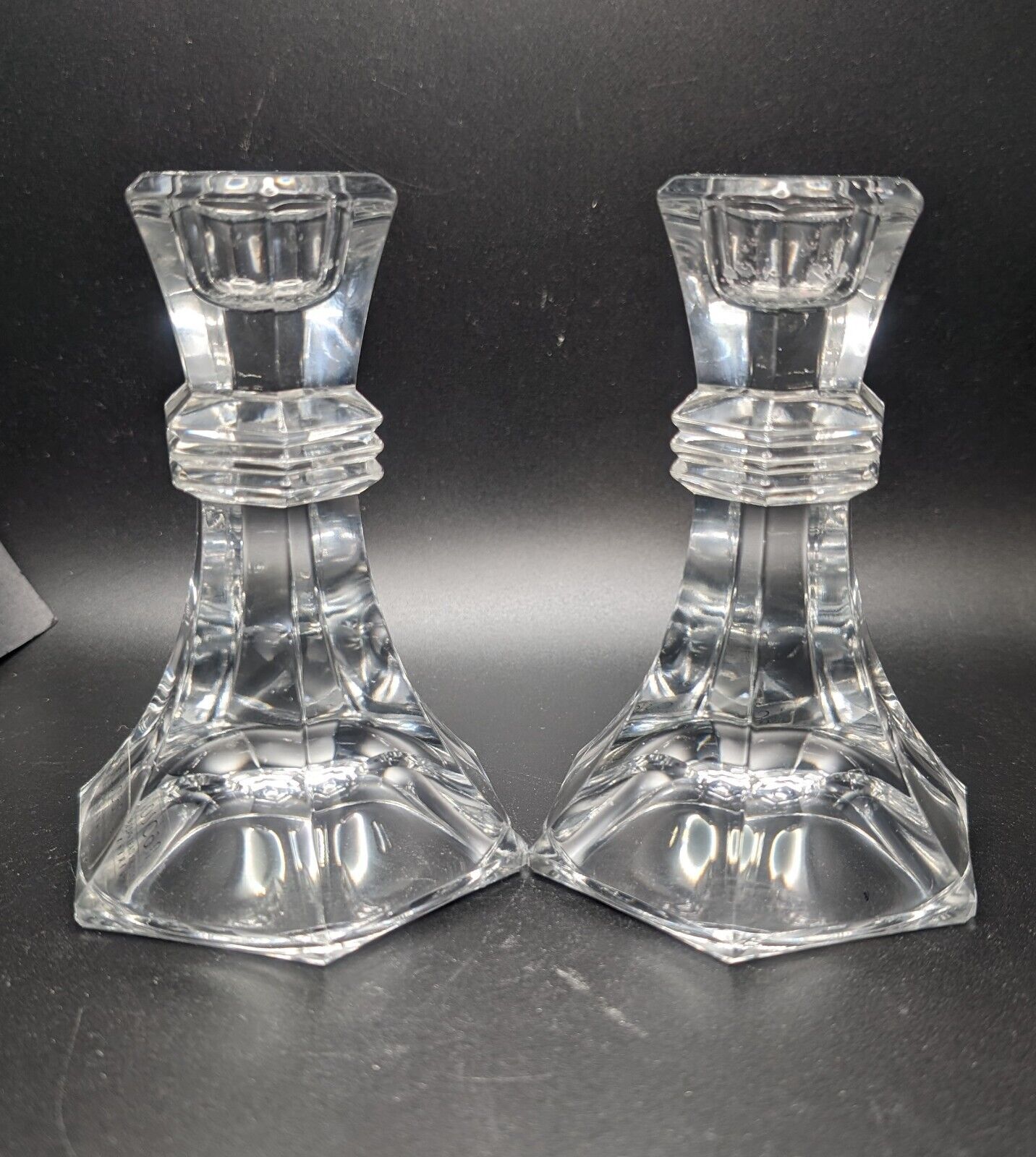 Pair Toscany Faceted Hexagonal 24% Lead Crystal Candlesticks Holders 5\