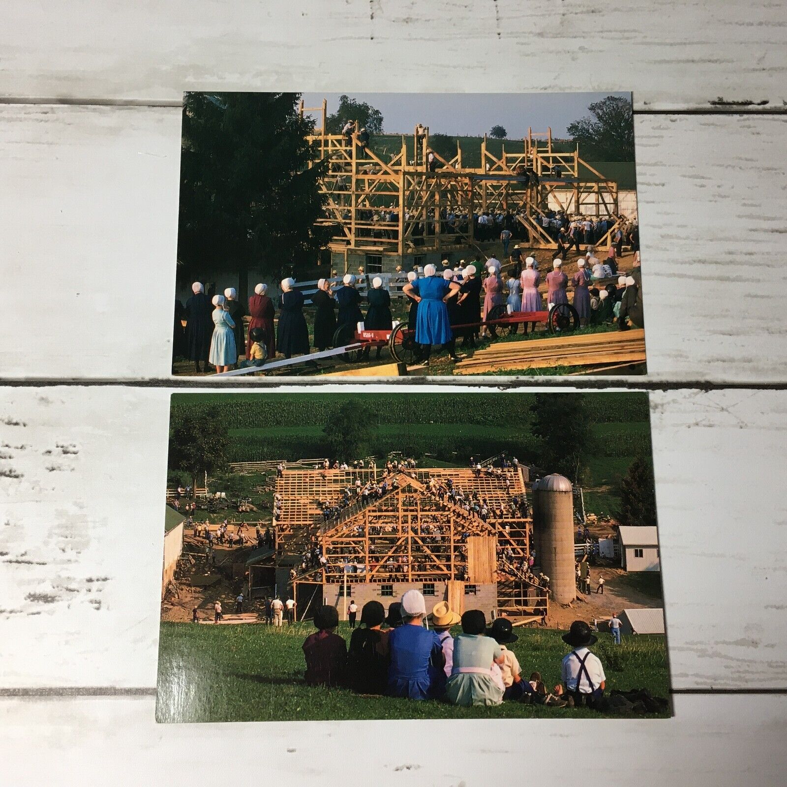 Ohio Amish Country Barn Building after Fire Vintage Postcard x 2 1988 1989