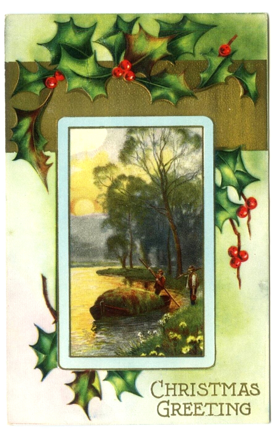 Whitney Christmas Postcard c1914 Sunrise River Boat
