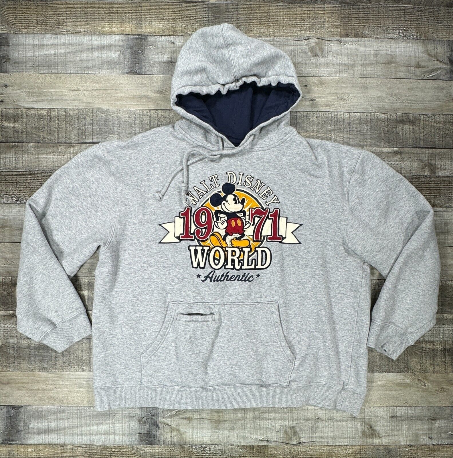 Disney World Hoodie Mens Extra Large Gray Mickey Mouse 1971 Sweatshirt Pocket