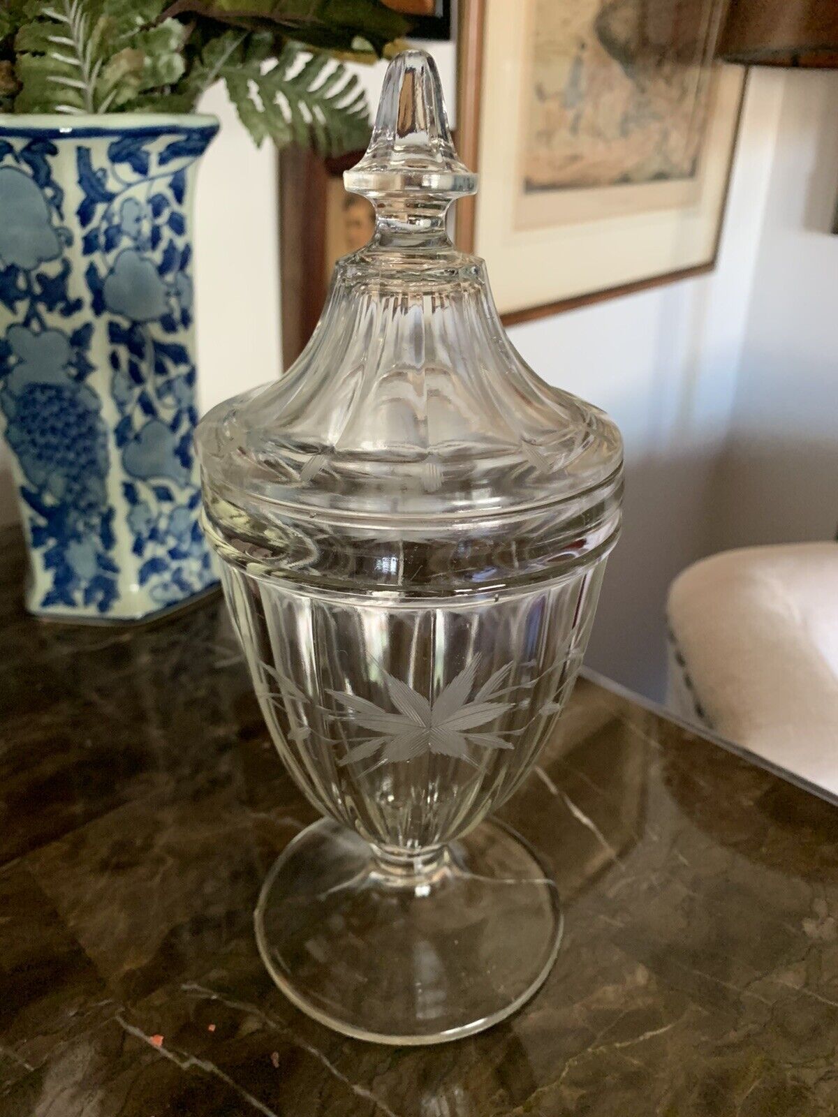 Vintage Heisey Etched Glass Lidded Candy Dish