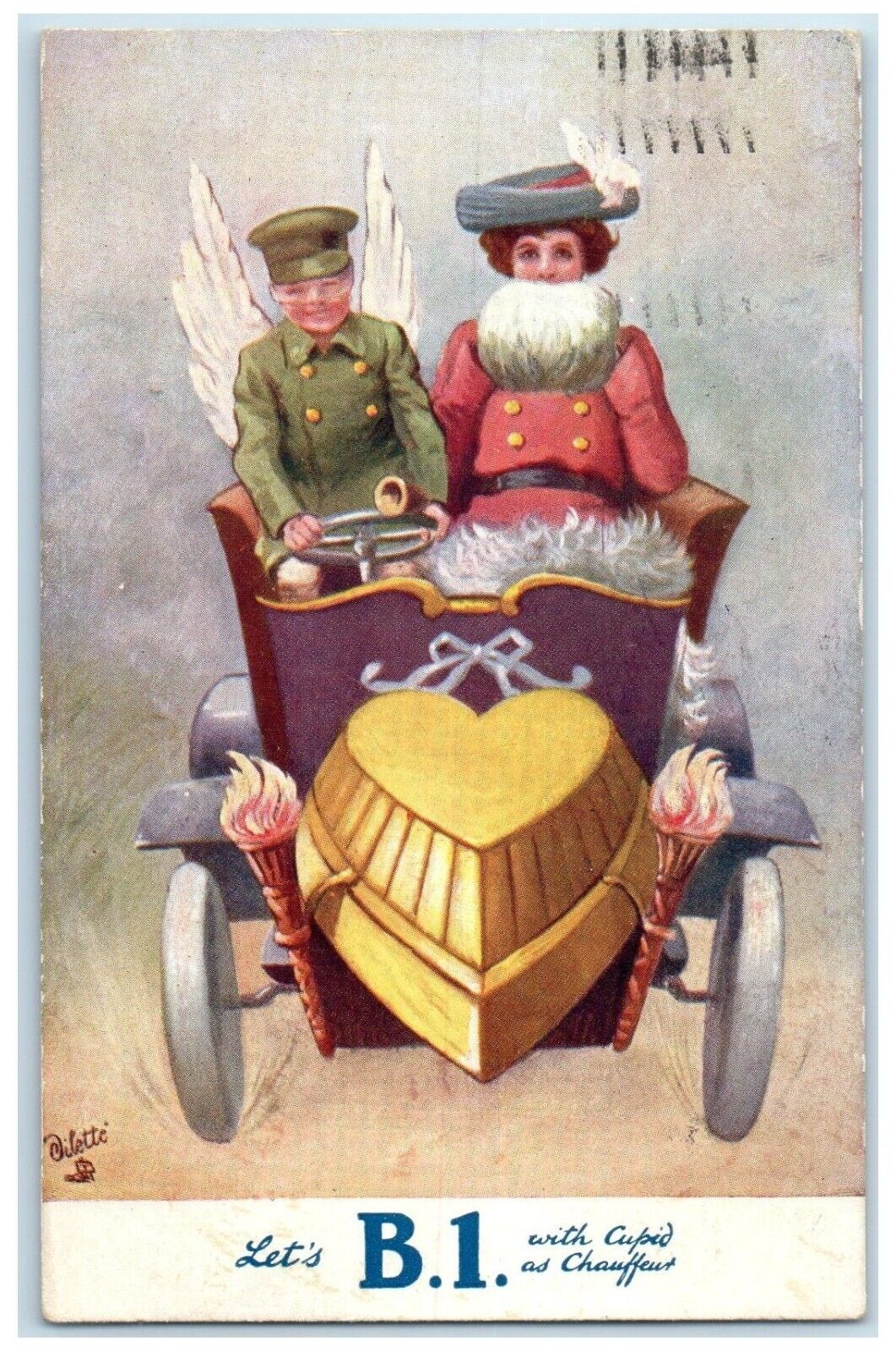 1907 Valentine Cupid Riding Car Punch Oilette Tuck\'s St. Paul Minnesota Postcard