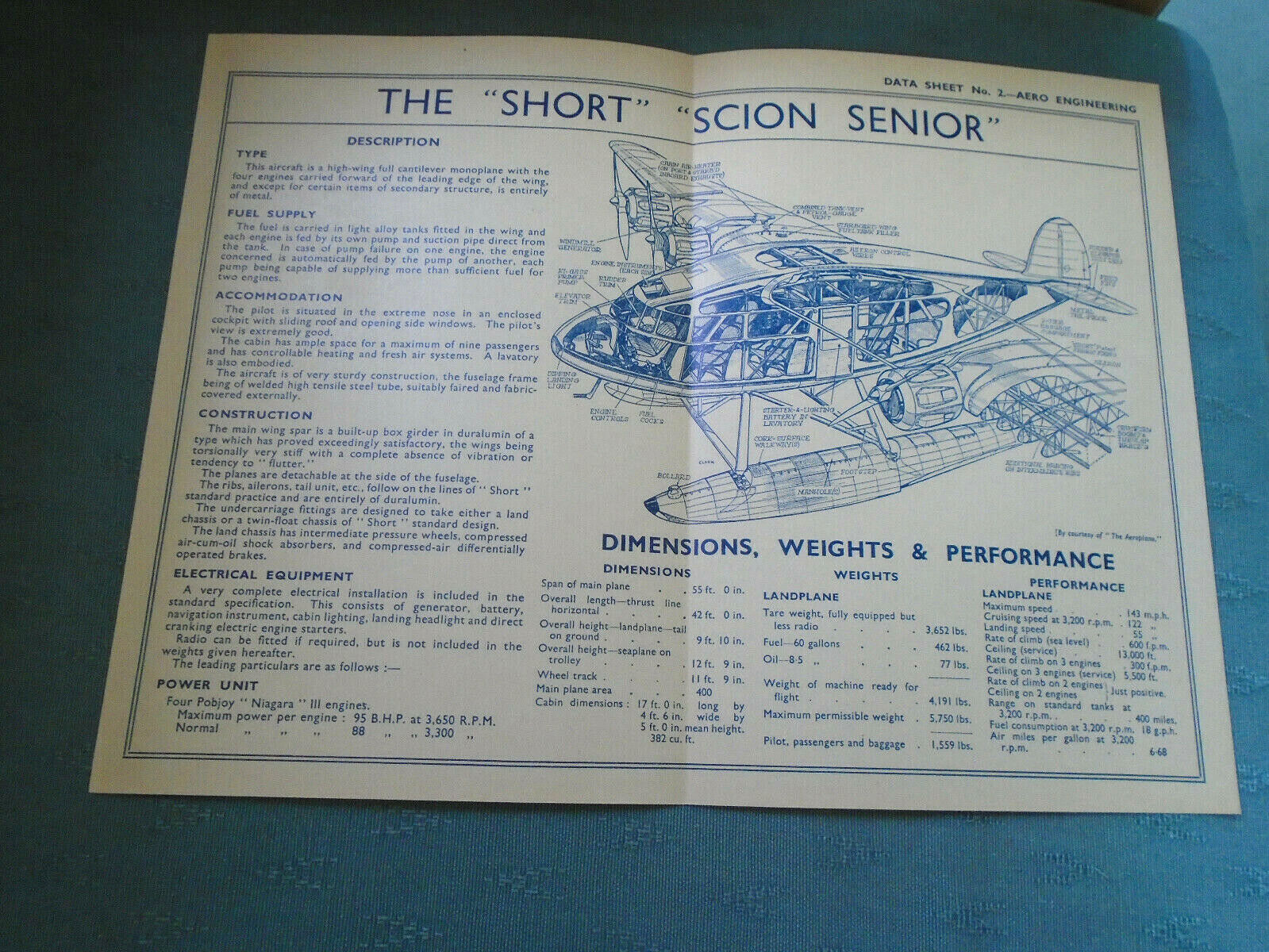 PRE WW11 THE SHORT SCION SENIOR SEA PLANE AEROPLANE AERO ENGINEERING DATA SHEET