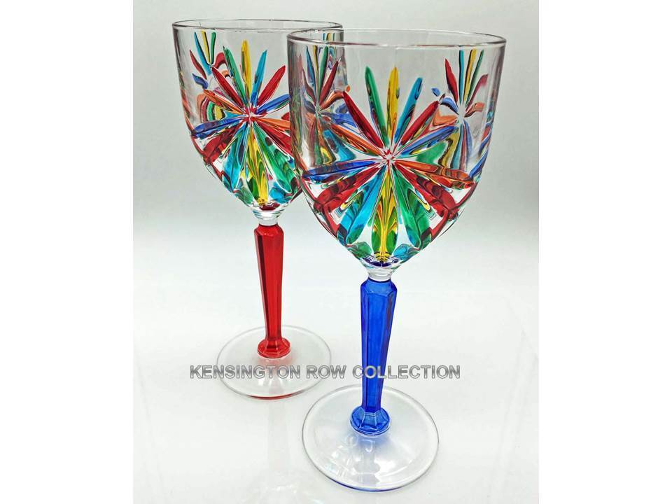 SORRENTO WINE GLASS PAIR - RED AND BLUE STEMS - HAND PAINTED VENETIAN GLASS