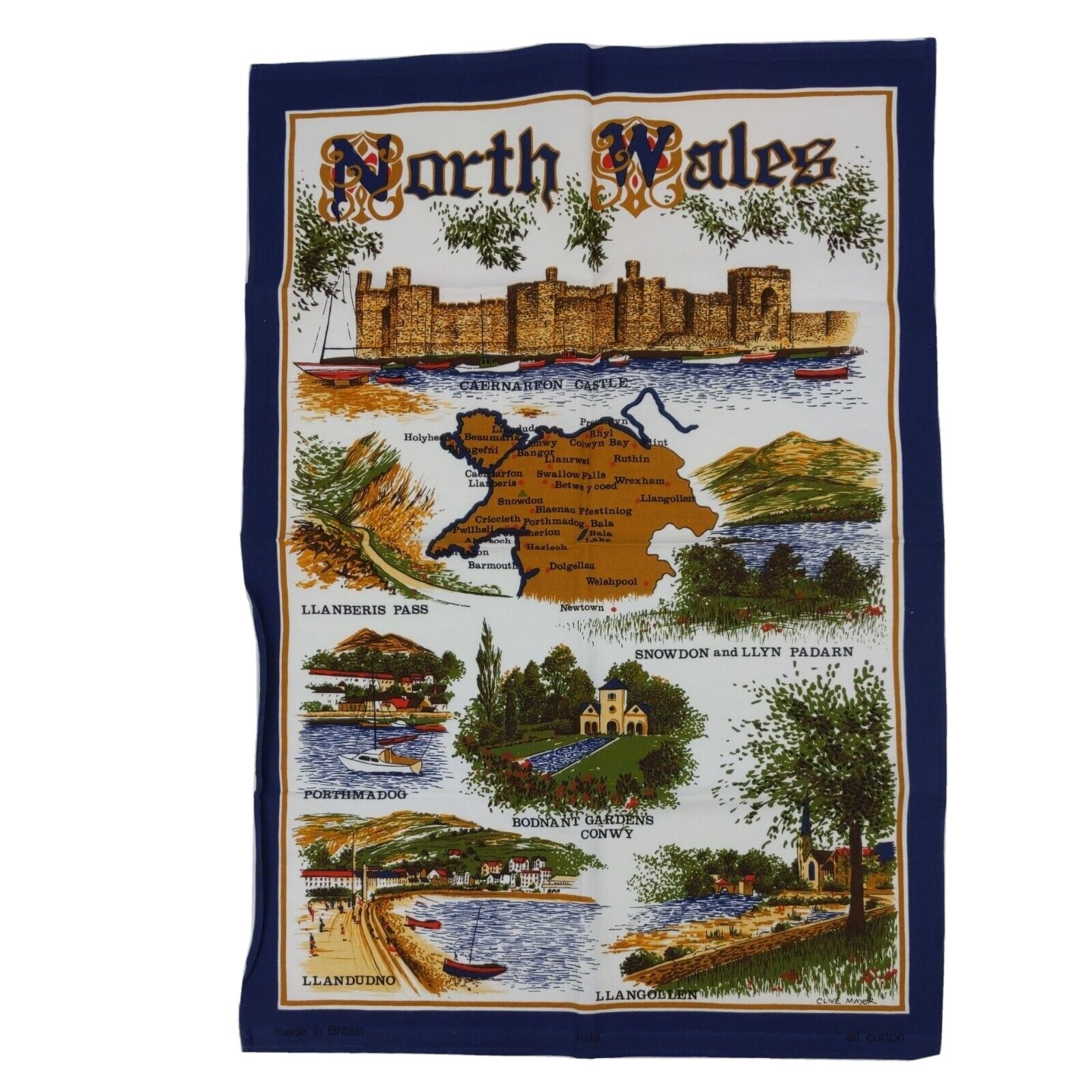 Vintage North Wales Map Tea Towel Dish Towel 100% Cotton New Without Tags NOS