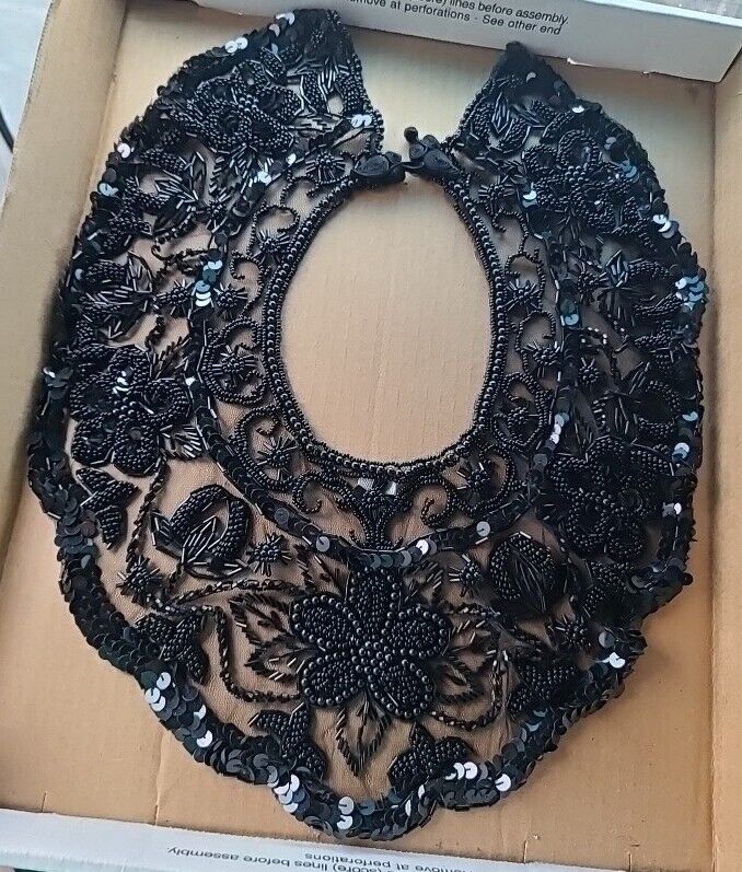 Exquisite Antique Victorian Black Net Lace Beaded Mourning Collar