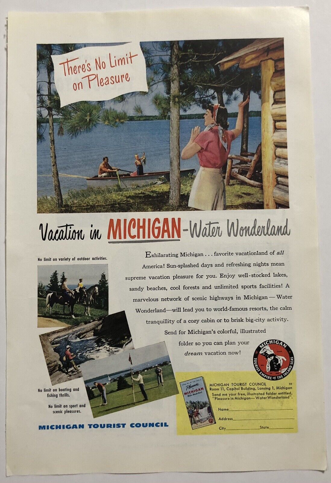 Vintage 1949 Original Print Advertisement Full Page - Michigan Water Wonderland
