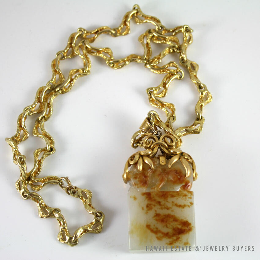 IMPORTANT 19C CHINESE MUTTON FAT WHITE JADE CARVED OX 14K YELLOW GOLD CHAIN