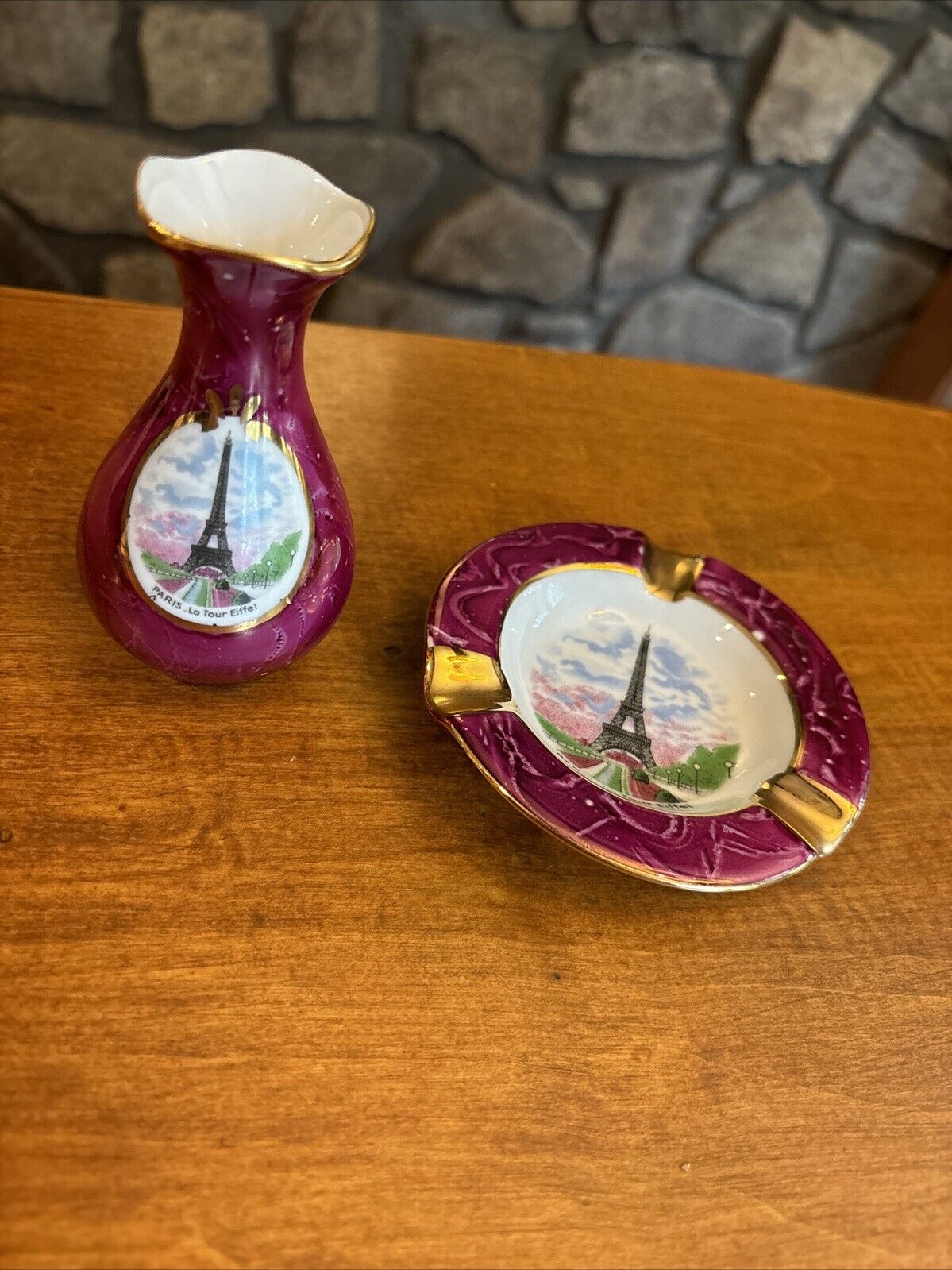 Vintage Limoges Paris - La Tour Eiffel Souvenir Ashtray & Vase Purple Gold Gilt