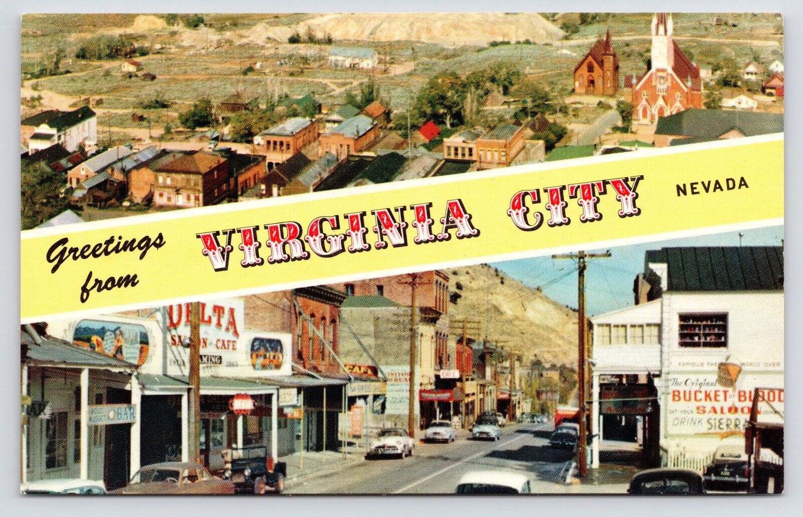 1960s~Greetings Virginia City~Bucket of Blood Saloon~Cafe~Nevada NV VTG Postcard