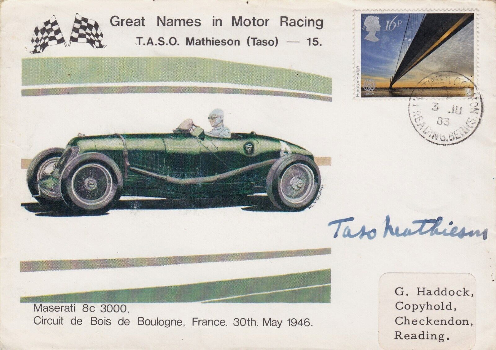 TASO MATHIESON, BRITISH MOTOR RACING DRIVER 1930-50s **SIGNED COVER (1983)
