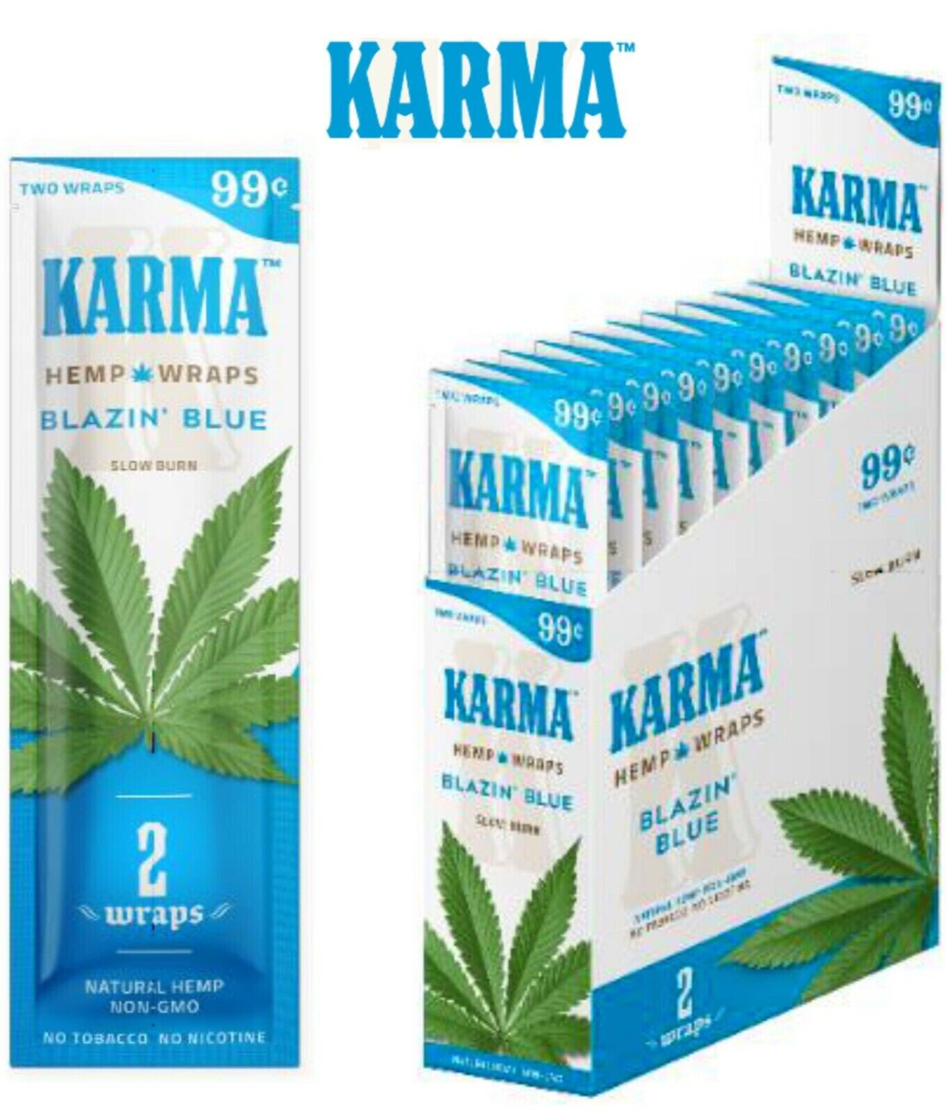 KARMA ZAGZ Natural Organic Wrap BLAZIN BLUE Full Box 25 Pouches, 50 Wraps Total