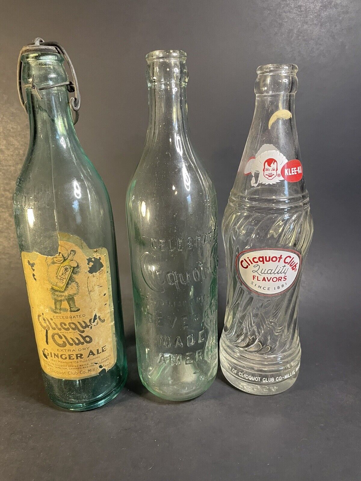 3 Vintage Clicquot Club Soda Bottles 