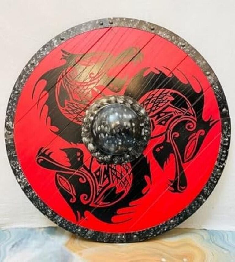 Viking Warrior Wooden Shield, Knight Battle War Round Red Dragon Shield Costume
