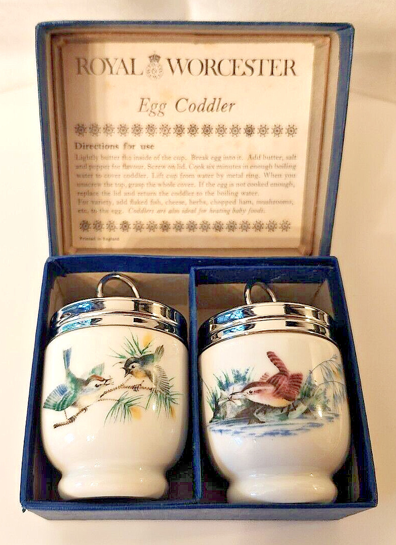 Royal Worcester Set of 2 Egg Coddlers w/Bird Designs. In Box. 