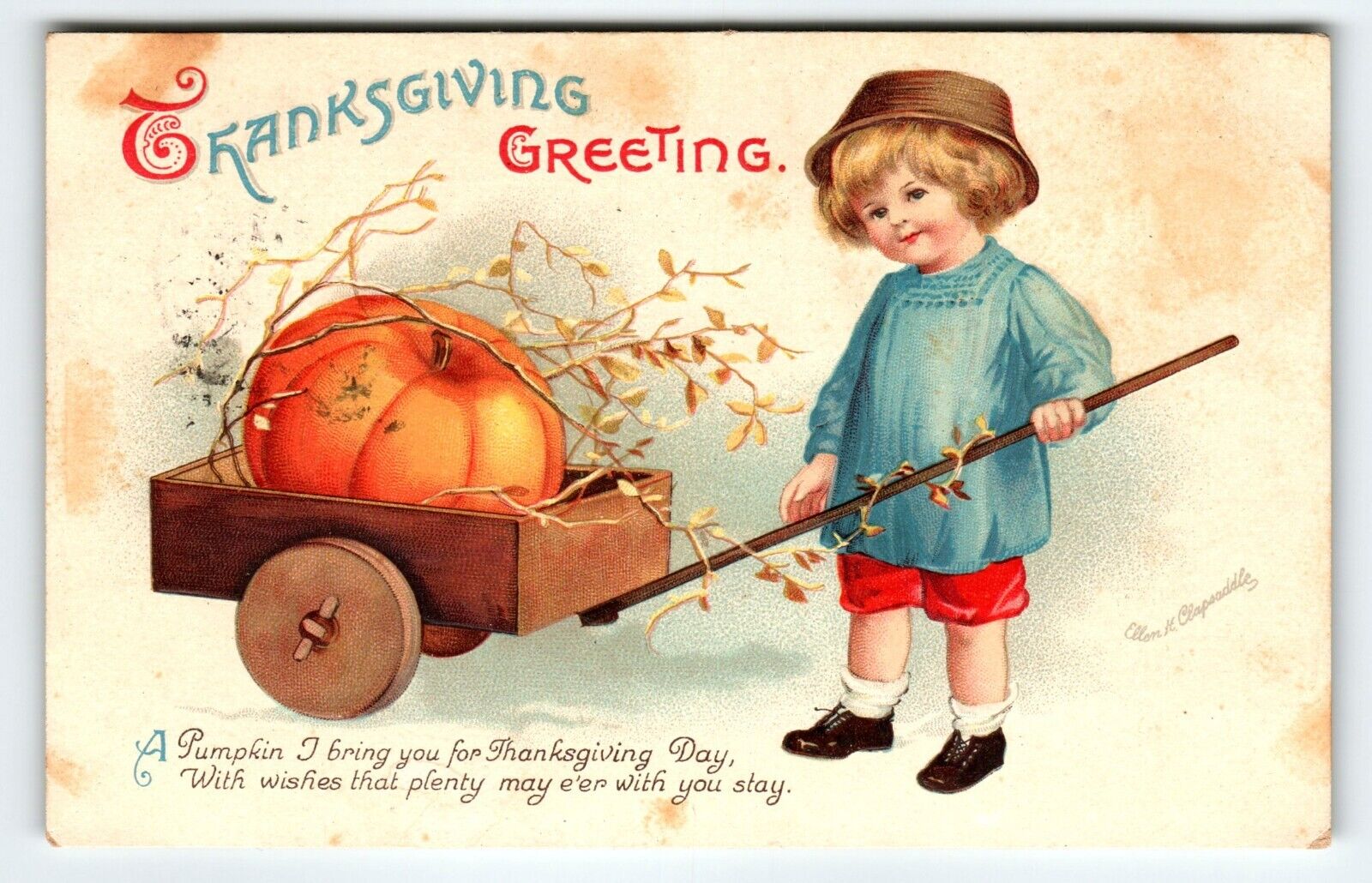 Thanksgiving Postcard Signed Ellen Clapsaddle Turkey Dinner Pie Embossed 1907