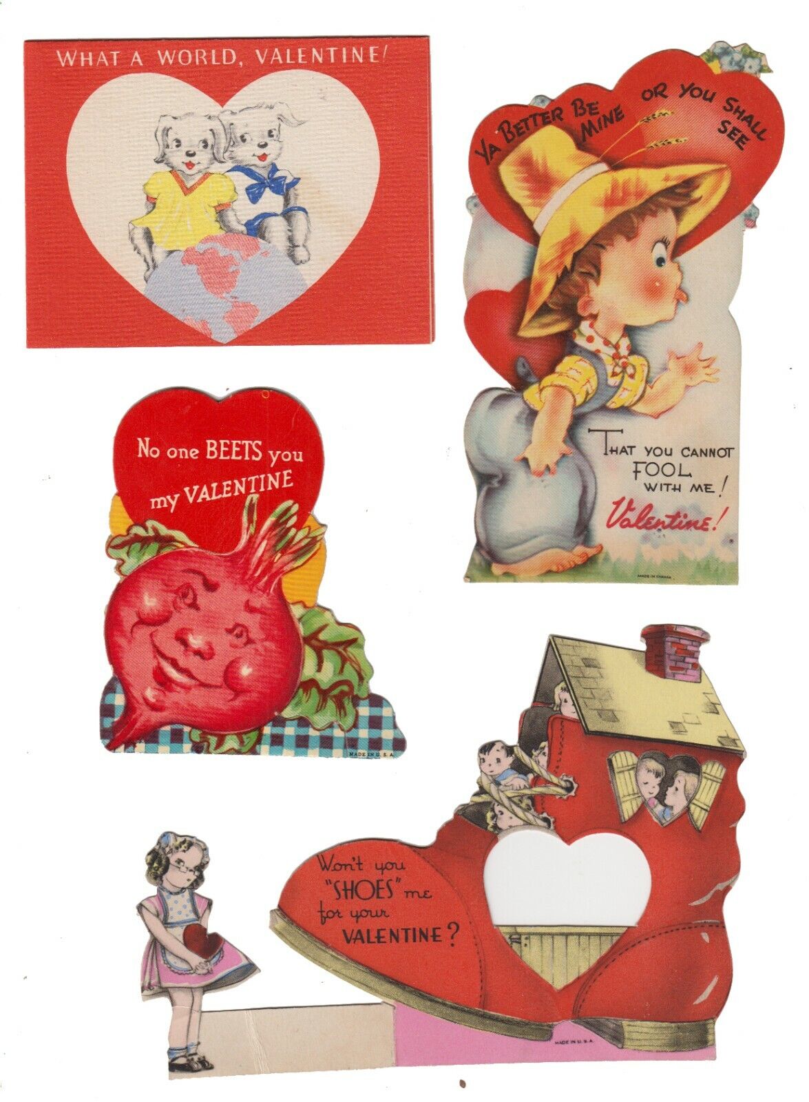 Fun Vintage Valentine Lot of 4 Children\'s Valentine\'s Day Cards ~ Dogs Beet Shoe
