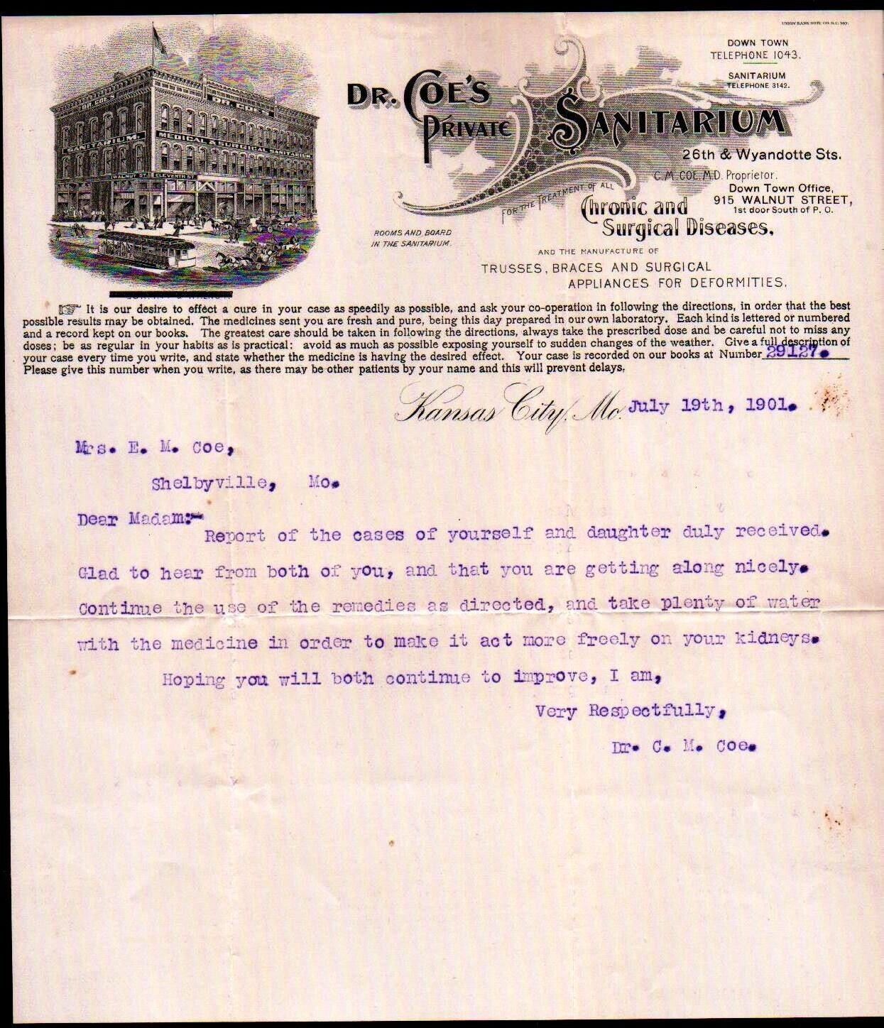 1901 Kansas City Mo - Medical - Dr Coes Private Sanitarium - Letter Head Bill