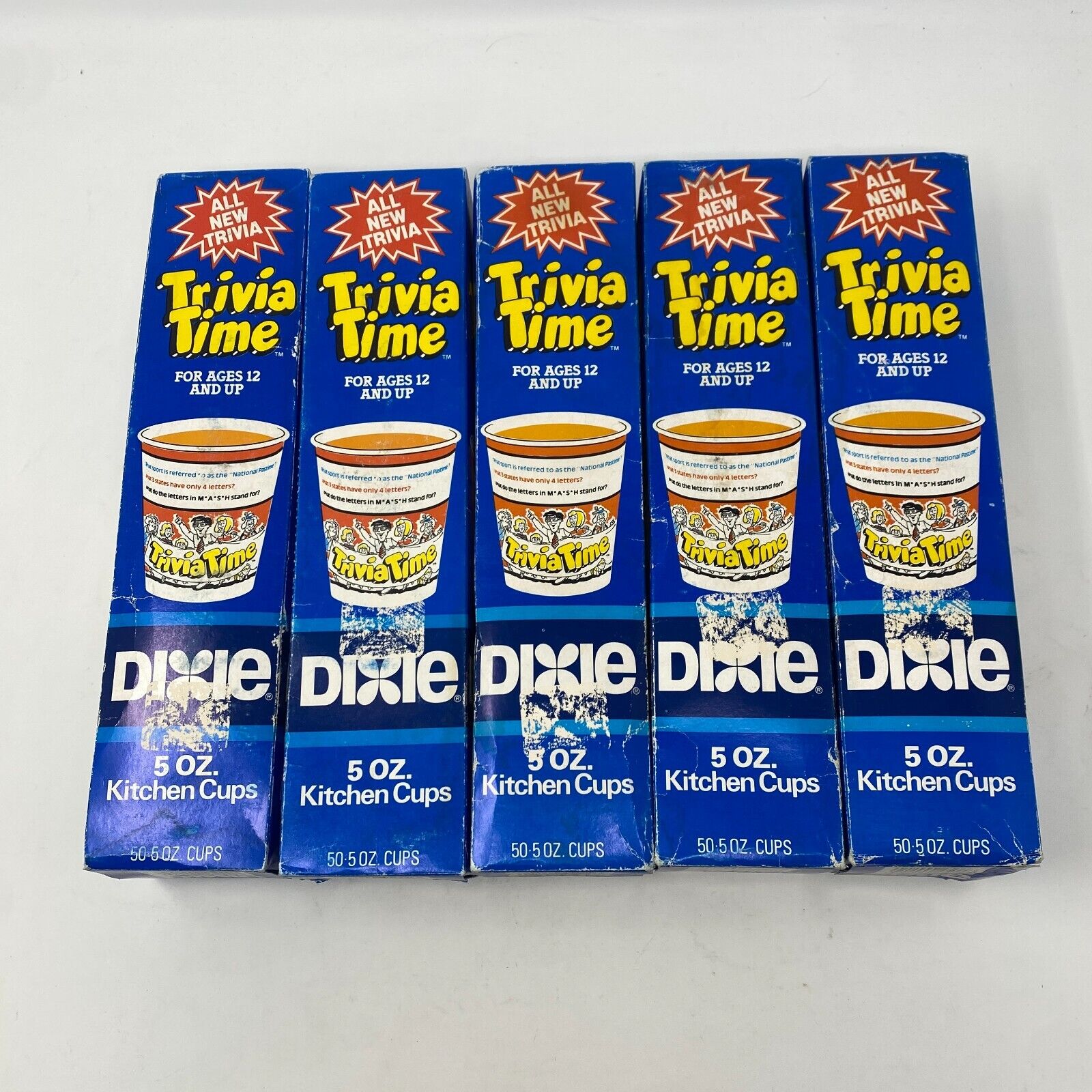 Lot of 5 Vintage 1985 Dixie Cups TRIVIA TIME 50 count box of 5oz cups NEW SEALED